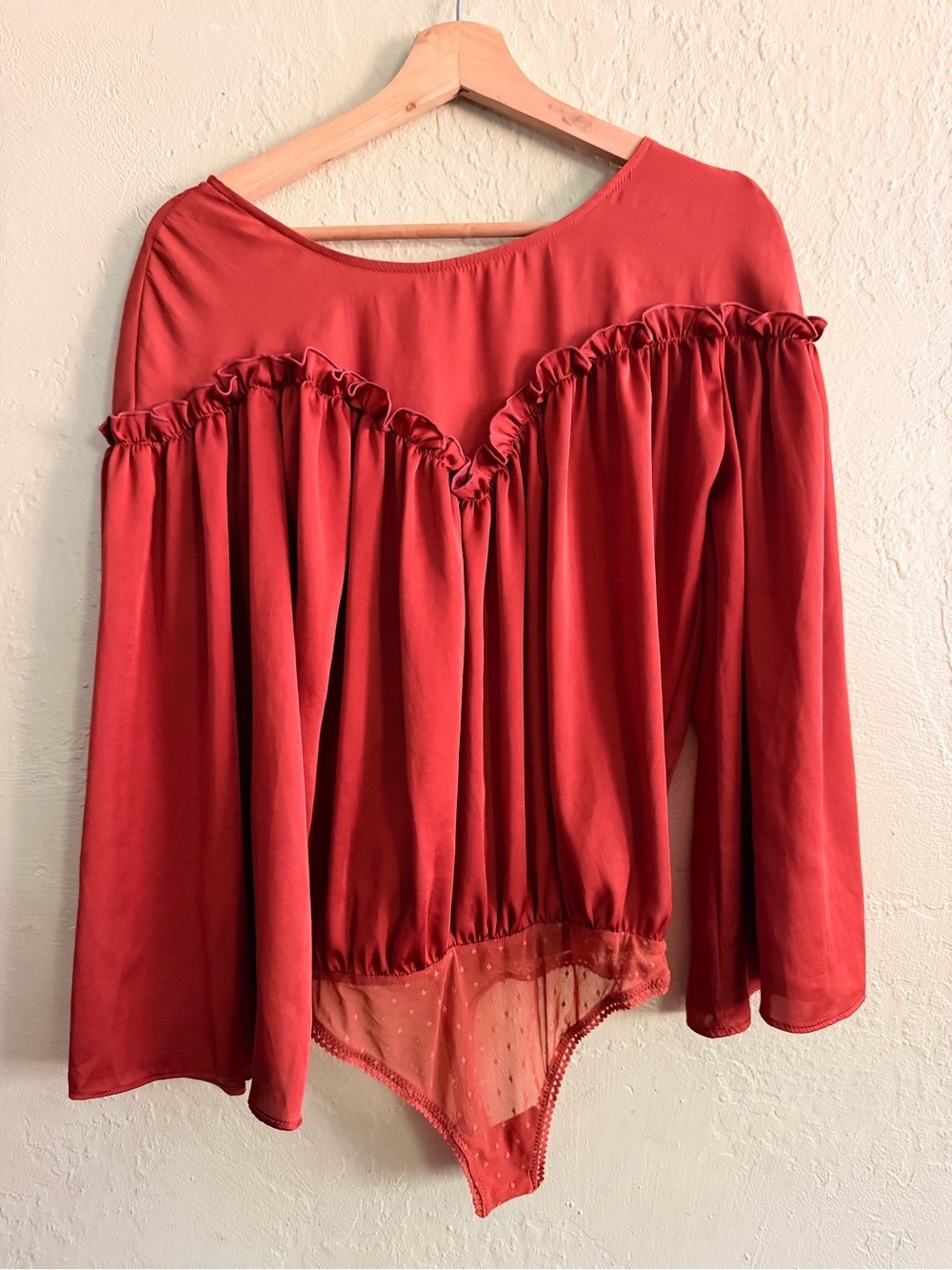 Free People Red Ruffled Long-Sleeve Bodysuit